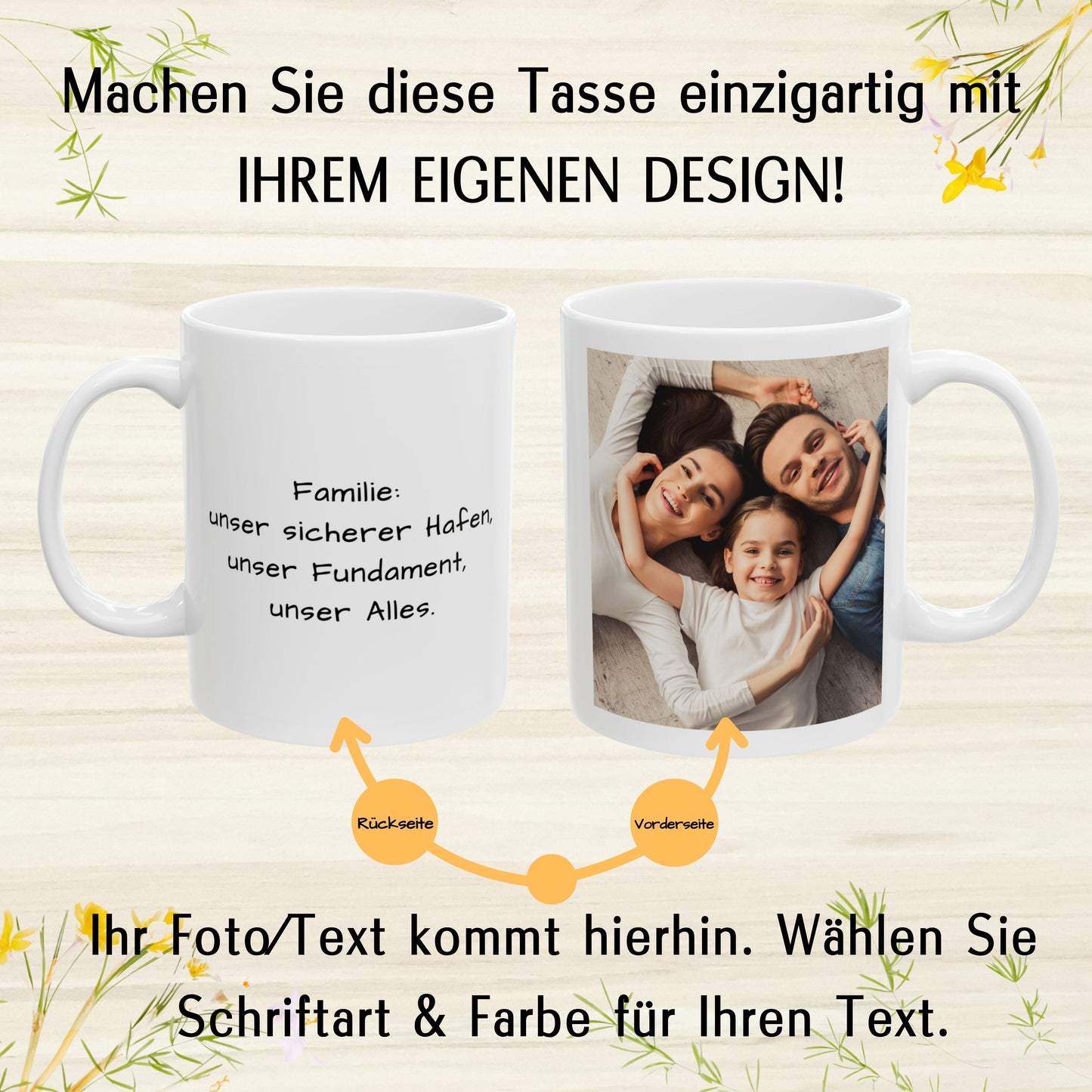 Tasse nach Wunsch, 325ml, reinweißer, quadratischer Keramik-Kaffeebecher, personalisiertes Geschenk mit Foto, Text oder Logo