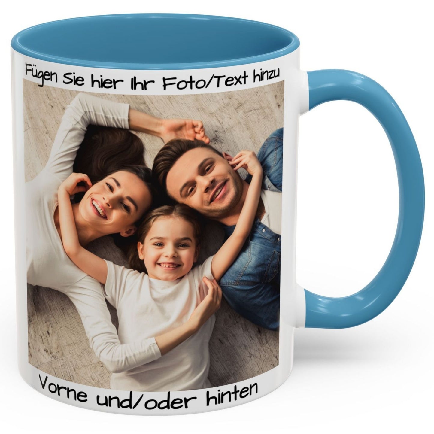 Personalisierte Tasse, weiß/hellblau, 325 ml, Geschenkidee mit Foto, Text oder Logo, quadratisches Design