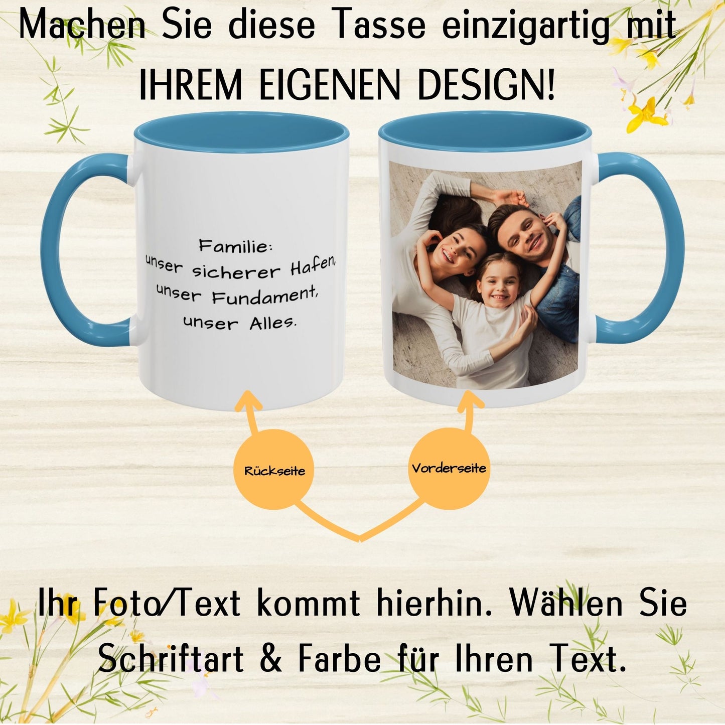 Personalisierte Tasse, weiß/hellblau, 325 ml, Geschenkidee mit Foto, Text oder Logo, quadratisches Design