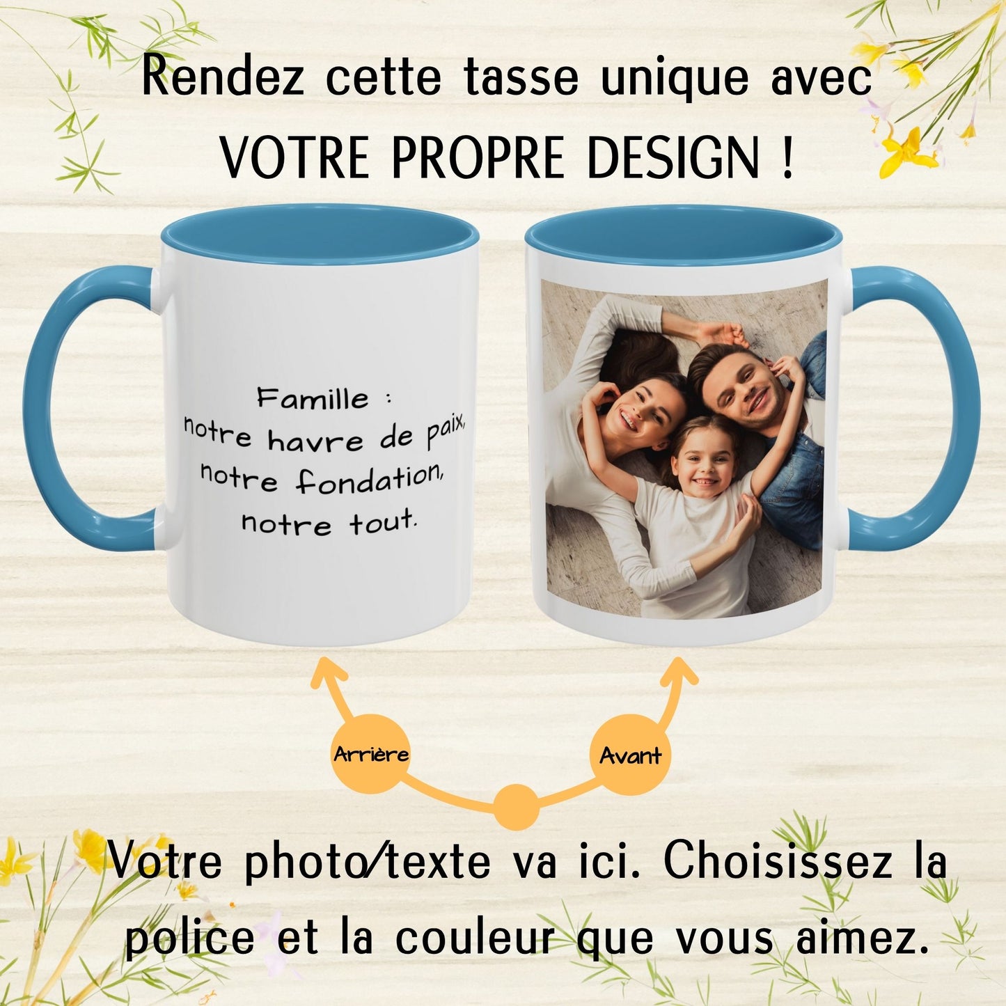 Custom Mug, 325ml White/Light Blue Square Design Ceramic Coffee Mug, Personalized Gift with Photo, Text or Logo