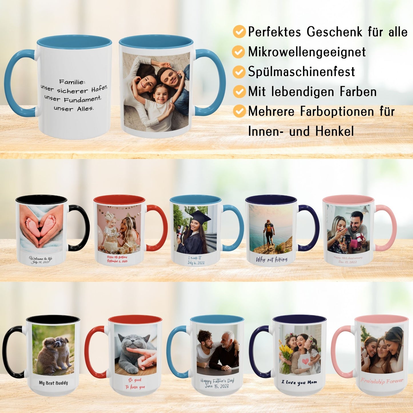 Personalisierte Tasse, weiß/hellblau, 325 ml, Geschenkidee mit Foto, Text oder Logo, quadratisches Design