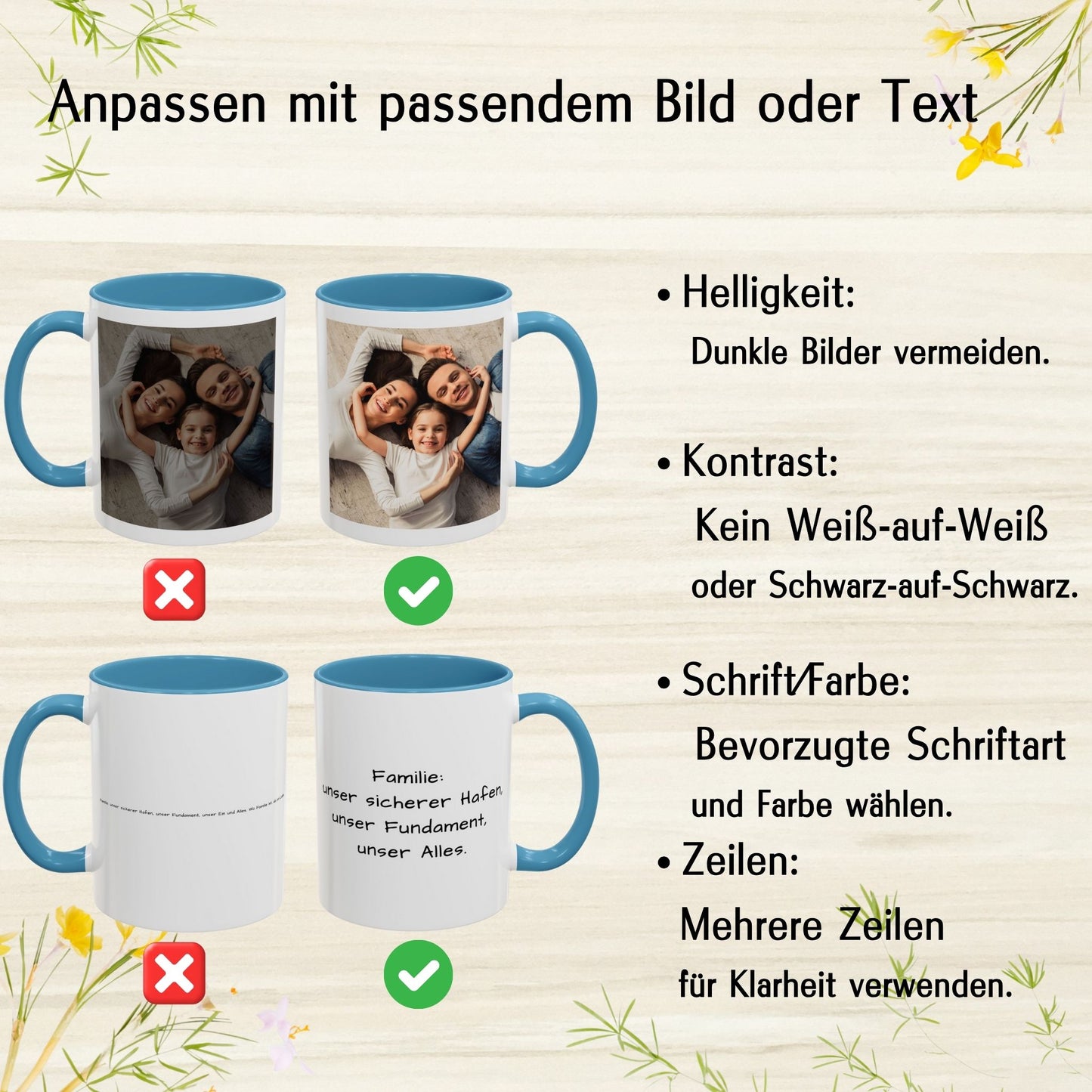 Personalisierte Tasse, weiß/hellblau, 325 ml, Geschenkidee mit Foto, Text oder Logo, quadratisches Design