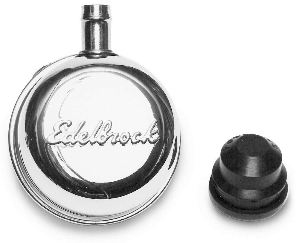 Edelbrock Breather, Signature Series, Push-In, Round, 1-1/4 in Hole, 3/8 in Hose Barb Fitting, Edelbrock Logo, Steel, Chrome, 4410