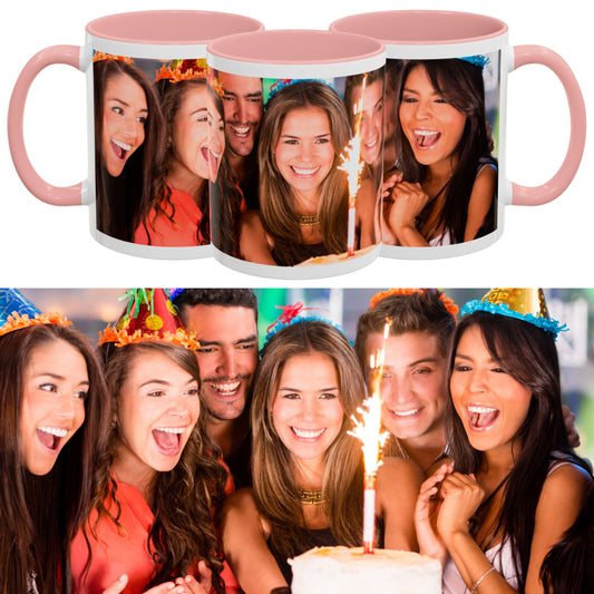 Custom Mug, 11oz White/Pink Wrap Around Design Ceramic Coffee Mug, Personalized Gift with Photo, Text or Logo