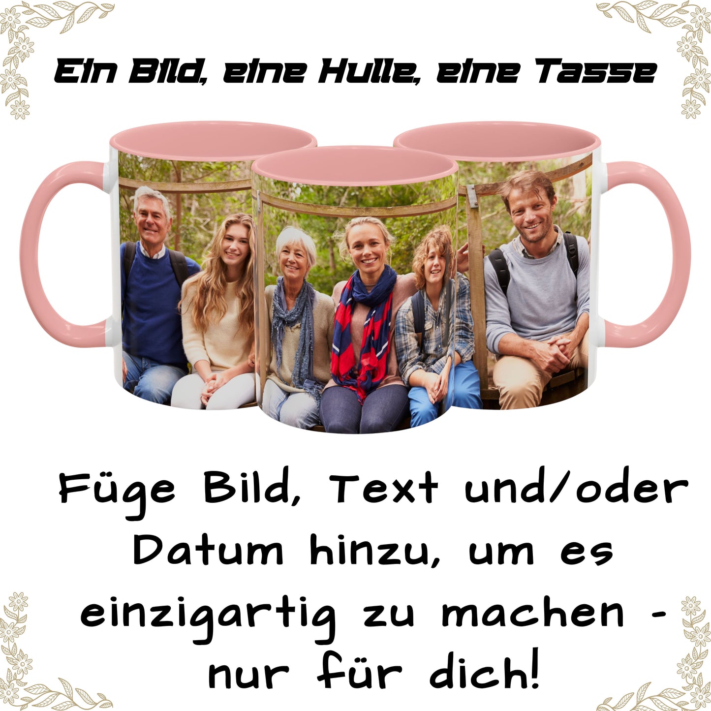 Personalisierte Tasse, weiß/rosa, 325 ml, Geschenkidee mit Foto, Text oder Logo, Rundum-Design