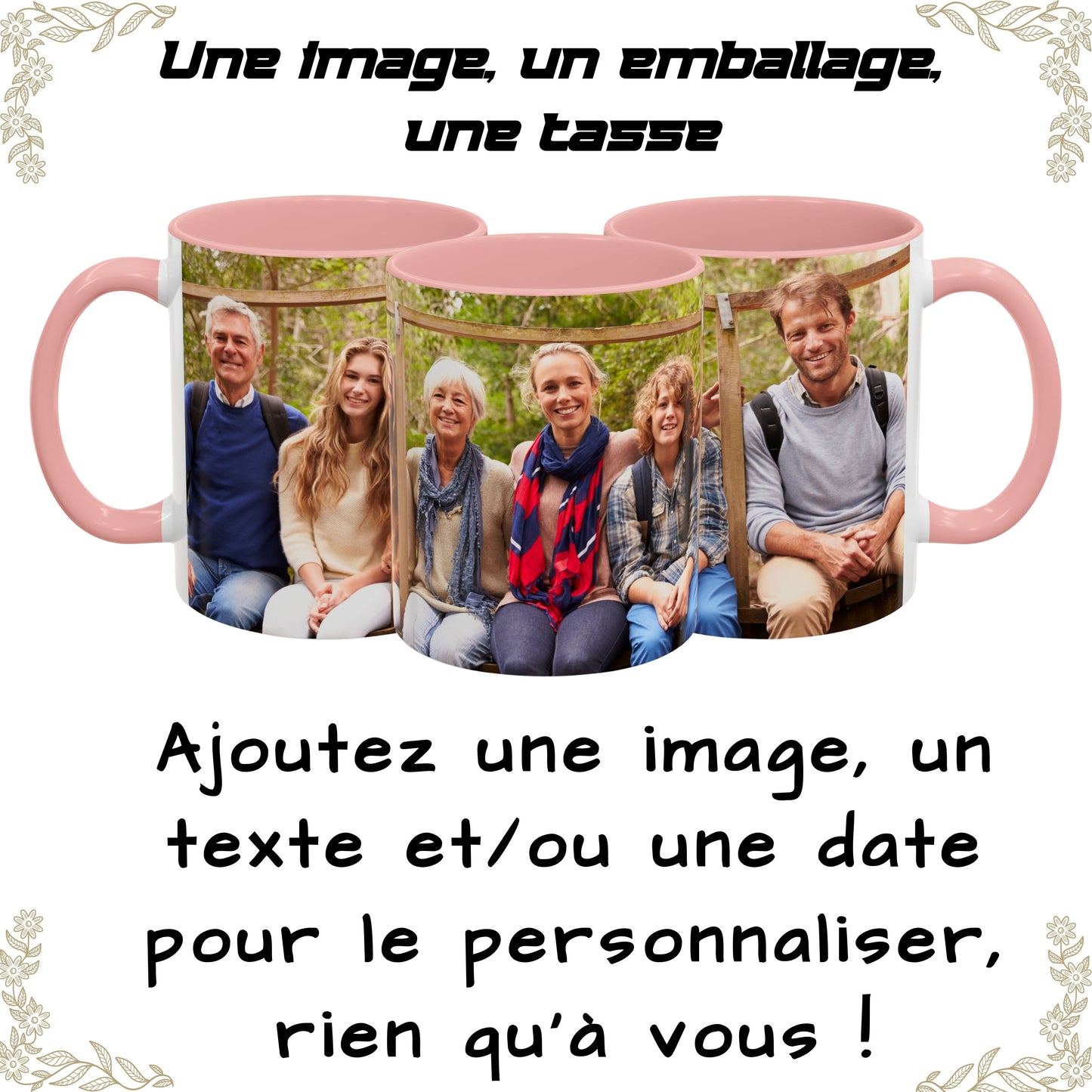 Mug personnalisé, 325 ml, en céramique, blanc/rose, motif enveloppant, cadeau personnalisé avec photo, texte ou logo