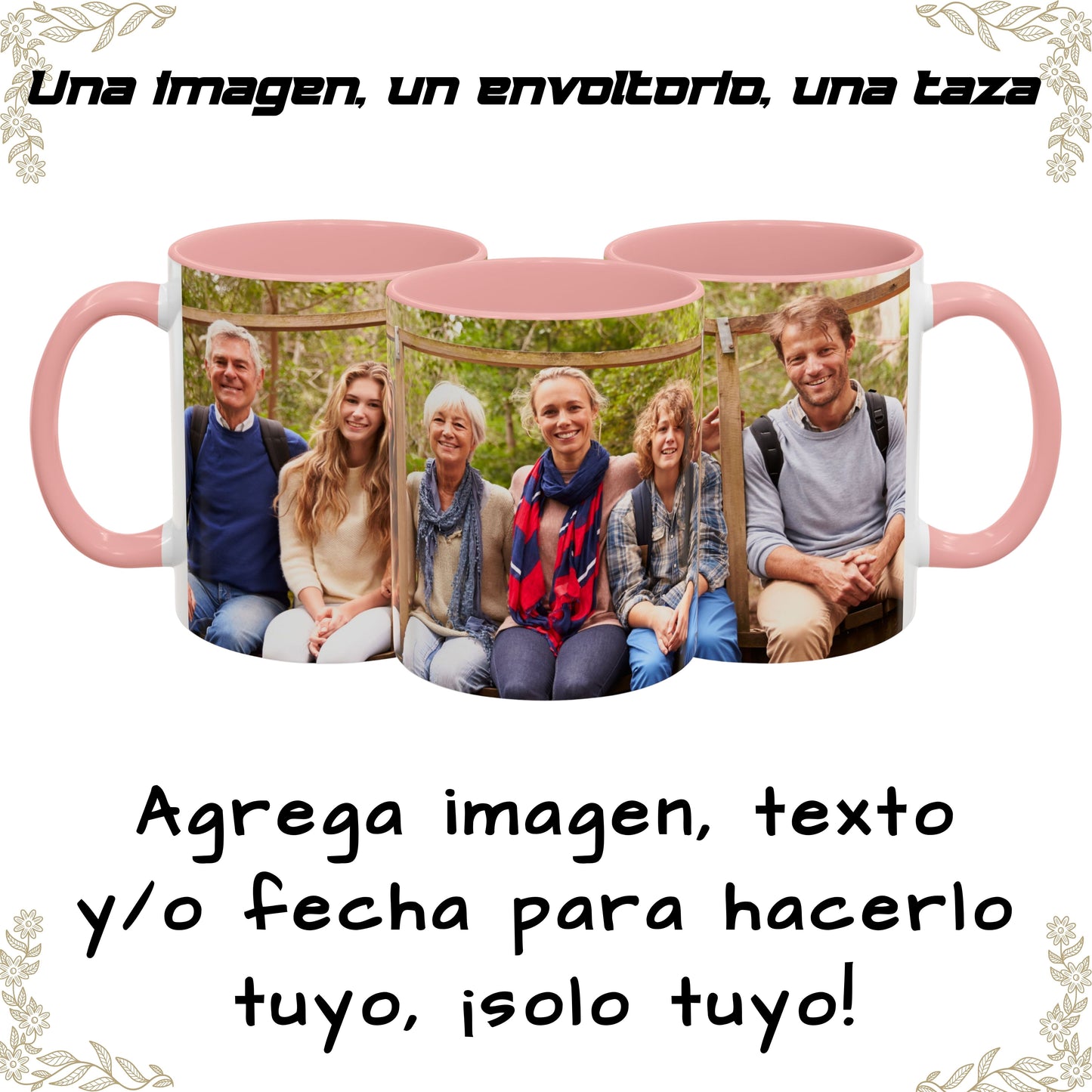 Taza personalizada, 325ml Blanco/rosa Diseño envolvente Cerámica Taza de café, Regalo personalizado con foto, texto o logo