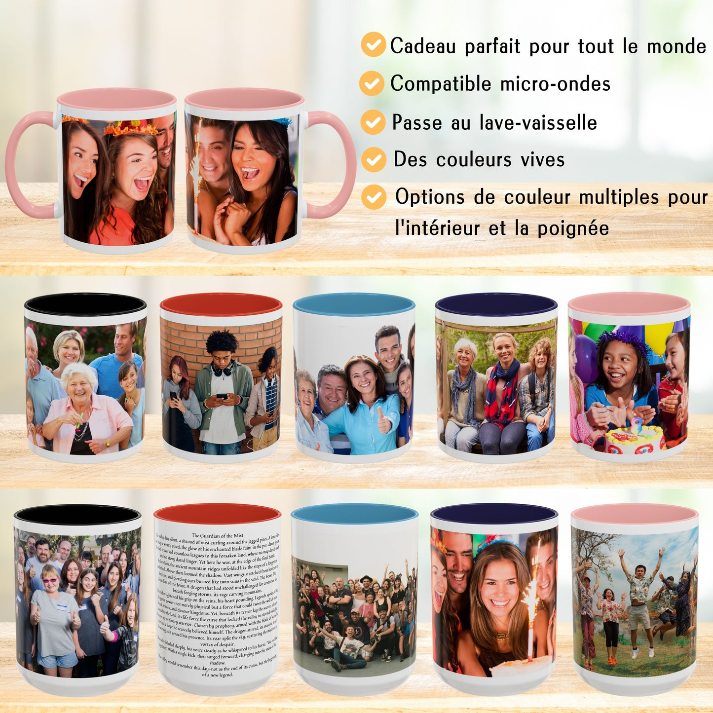 Mug personnalisé, 325 ml, en céramique, blanc/rose, motif enveloppant, cadeau personnalisé avec photo, texte ou logo