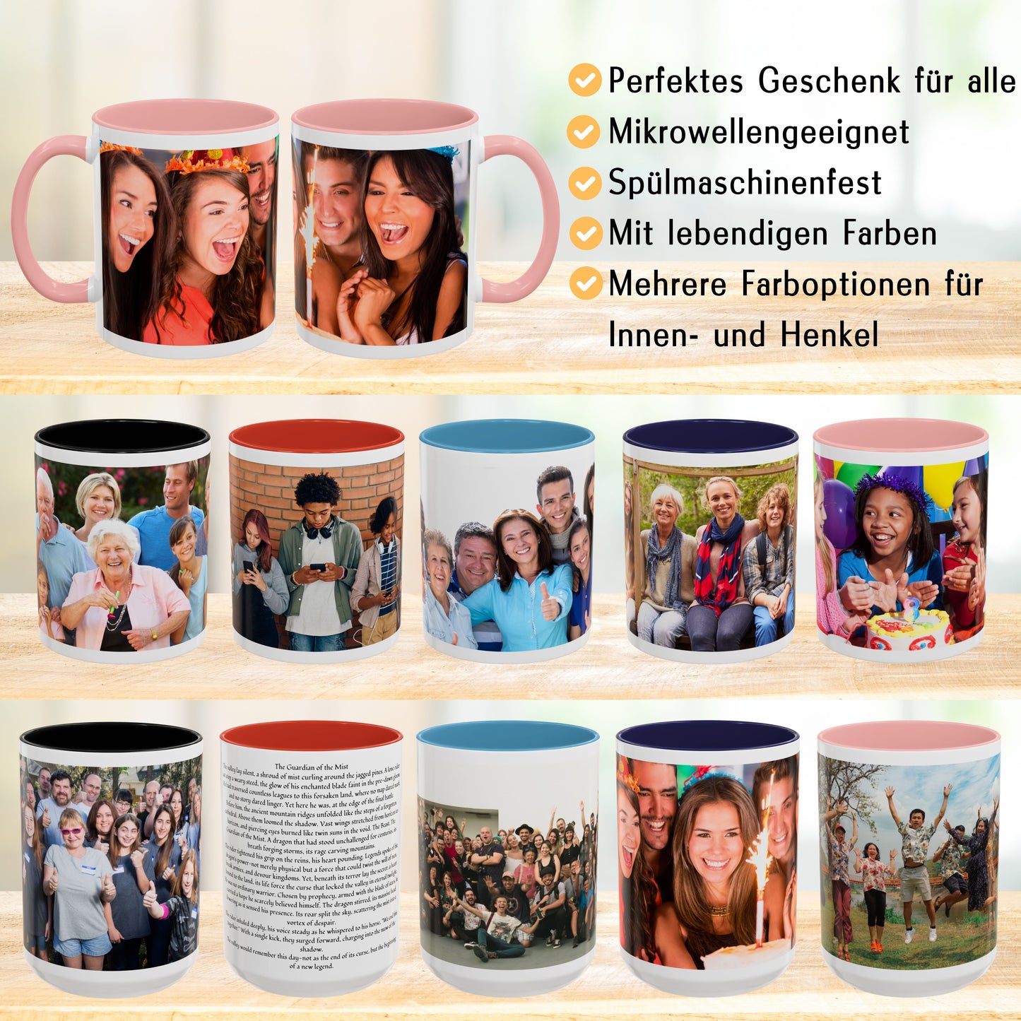Personalisierte Tasse, weiß/rosa, 325 ml, Geschenkidee mit Foto, Text oder Logo, Rundum-Design