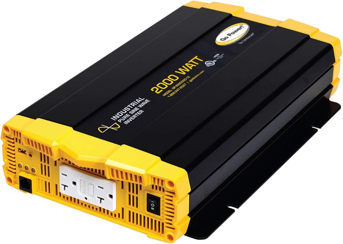 Go Power GP-ISW2000-12 Pure Sine Wave Inverter, 2000W Continuous 4000W Surge, 12V to 120V Power Converter, Slim Design, Two 20A GFCI Outlets, Industrial Use, 2-Year Coverage