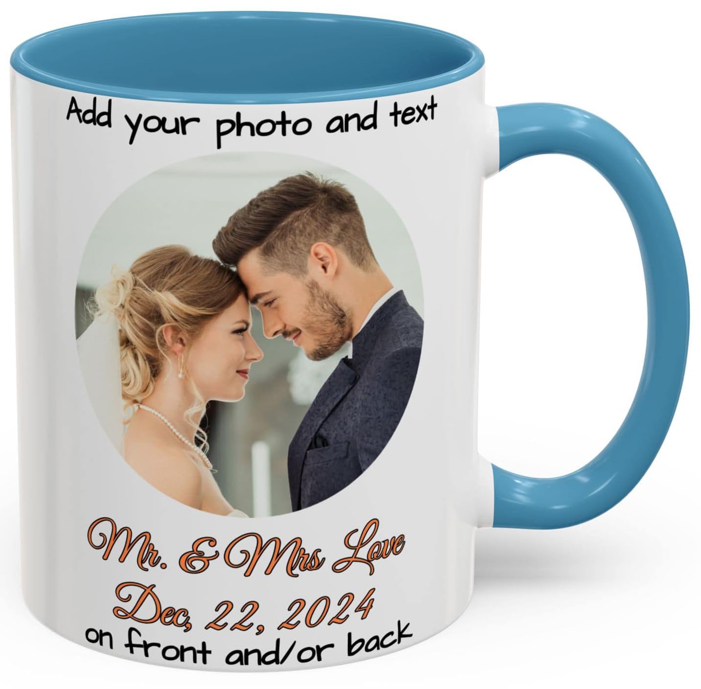 Mug personnalisé, Mug à café en céramique 11oz blanc/bleu clair motif cercle, Cadeau personnalisé avec photo, texte ou logo