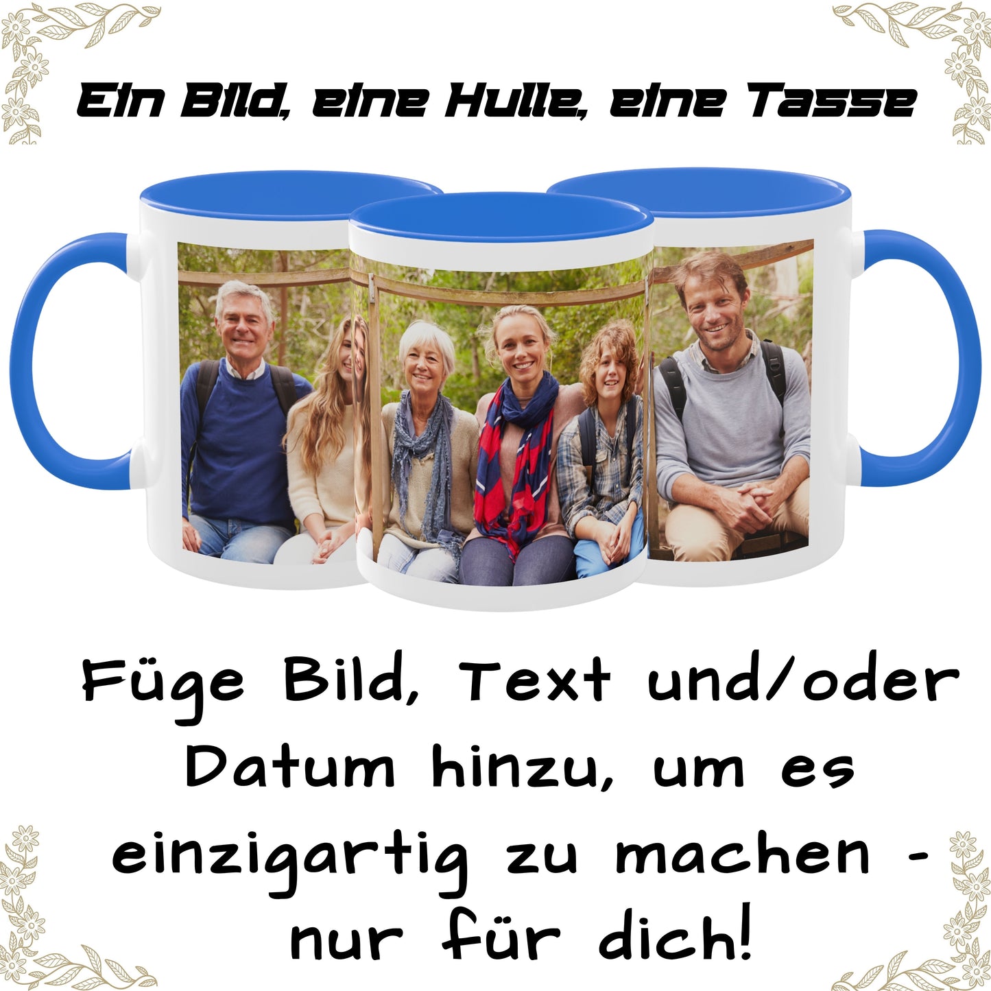Mug personnalisé, 325 ml Blanc/Bleu Cambridge, design enveloppant, tasse à café en céramique, cadeau personnalisé avec photo, texte ou logo