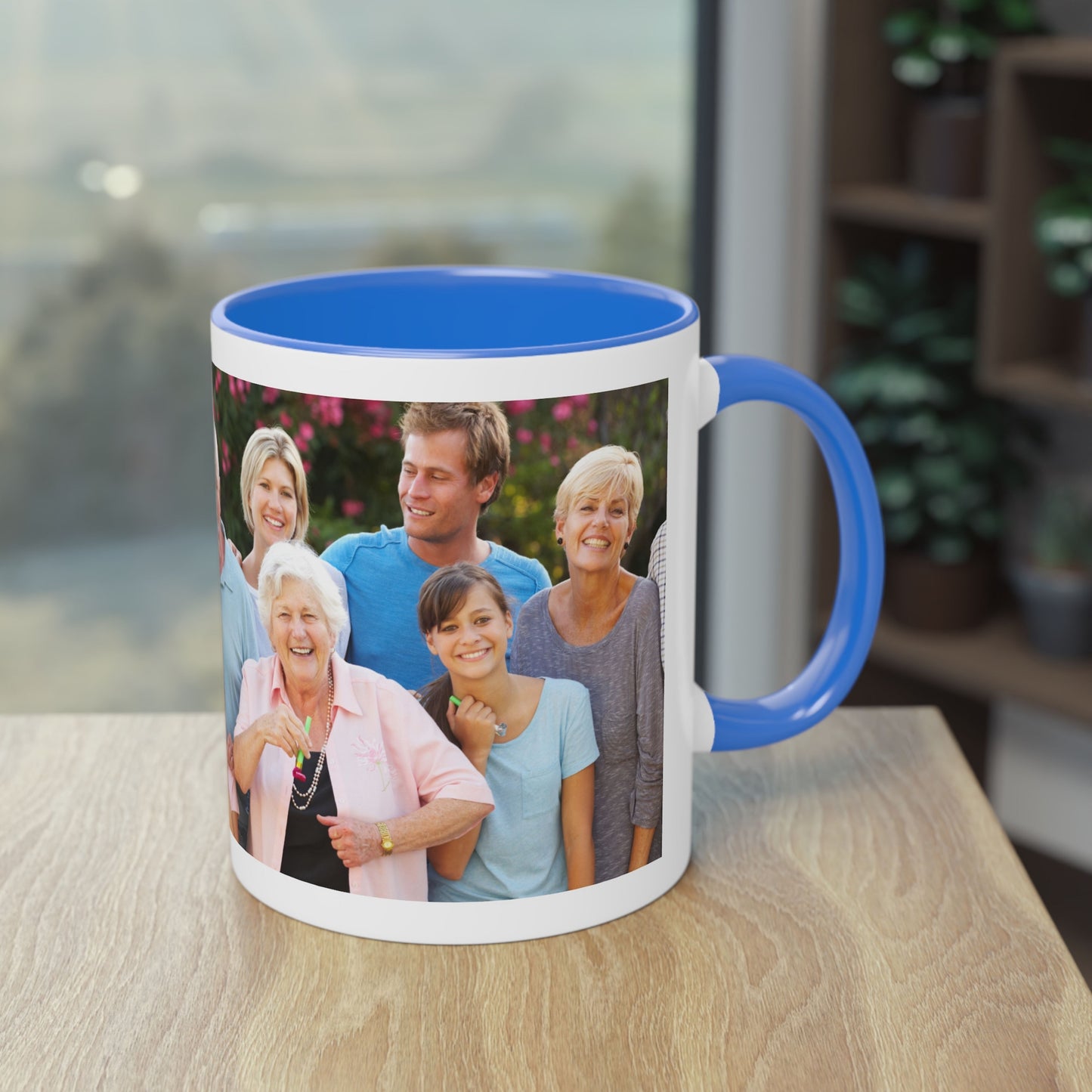 Mug personnalisé, 325 ml Blanc/Bleu Cambridge, design enveloppant, tasse à café en céramique, cadeau personnalisé avec photo, texte ou logo