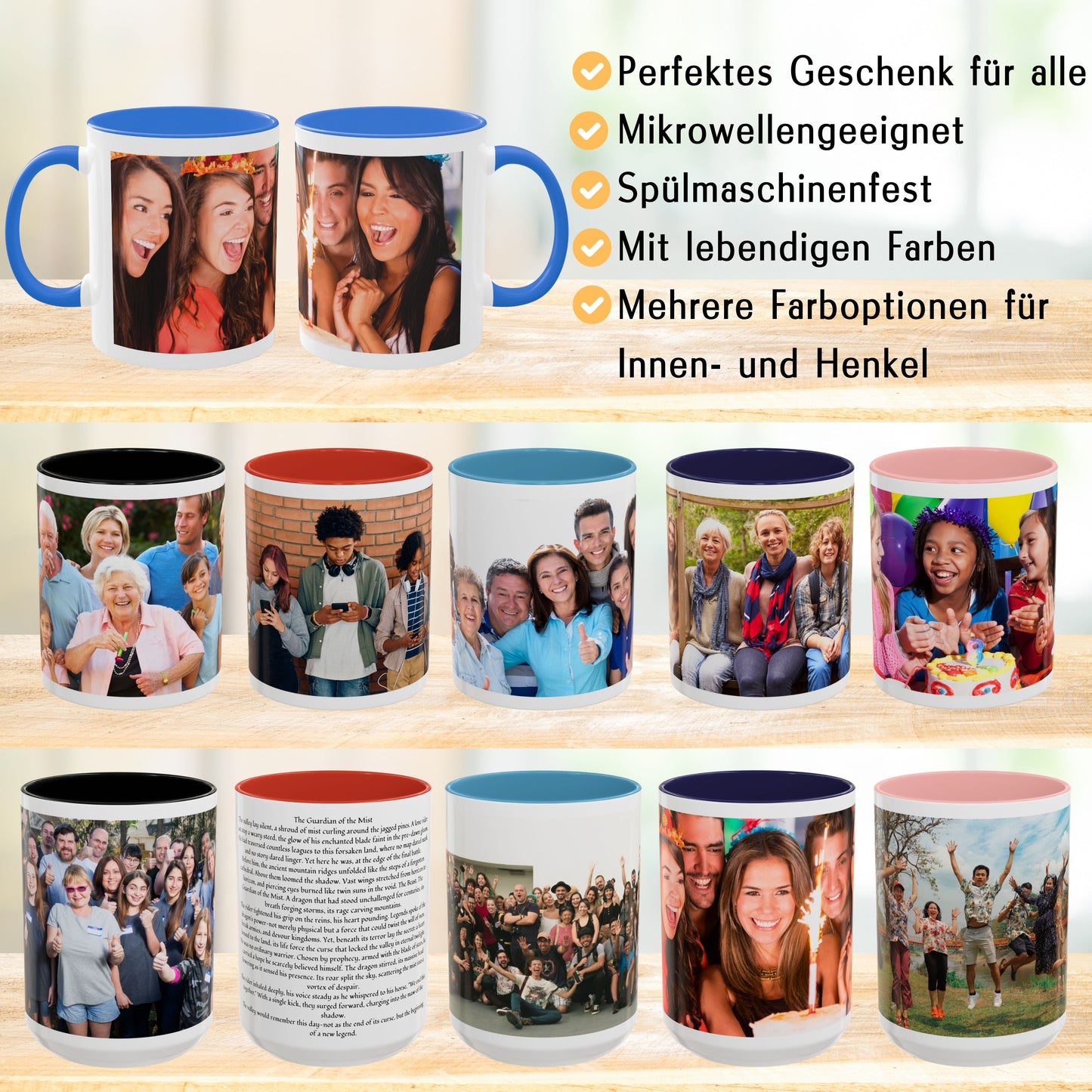 Mug personnalisé, 325 ml Blanc/Bleu Cambridge, design enveloppant, tasse à café en céramique, cadeau personnalisé avec photo, texte ou logo