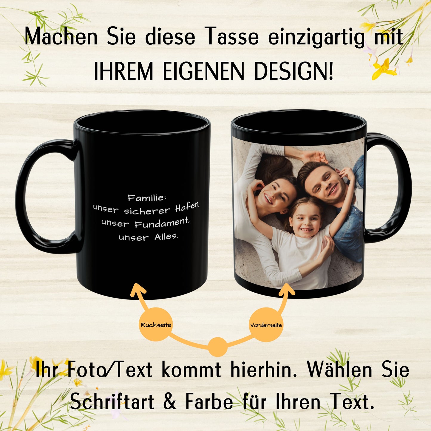 Mug Personnalisé, Mug à café en céramique 325ml entièrement noir à motif carré, Cadeau personnalisé avec photo, texte ou logo