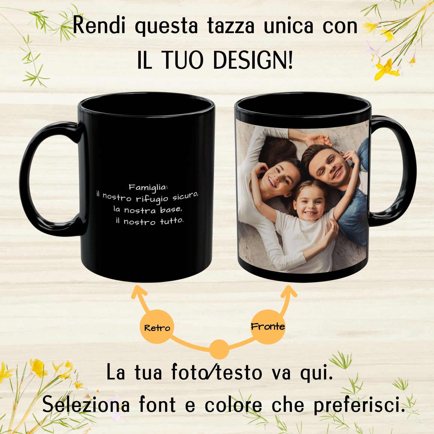 Tazza personalizzata, 325 ml Tutto nero Design quadrato Tazza da caffè in ceramica, Regalo personalizzato con foto, testo o logo
