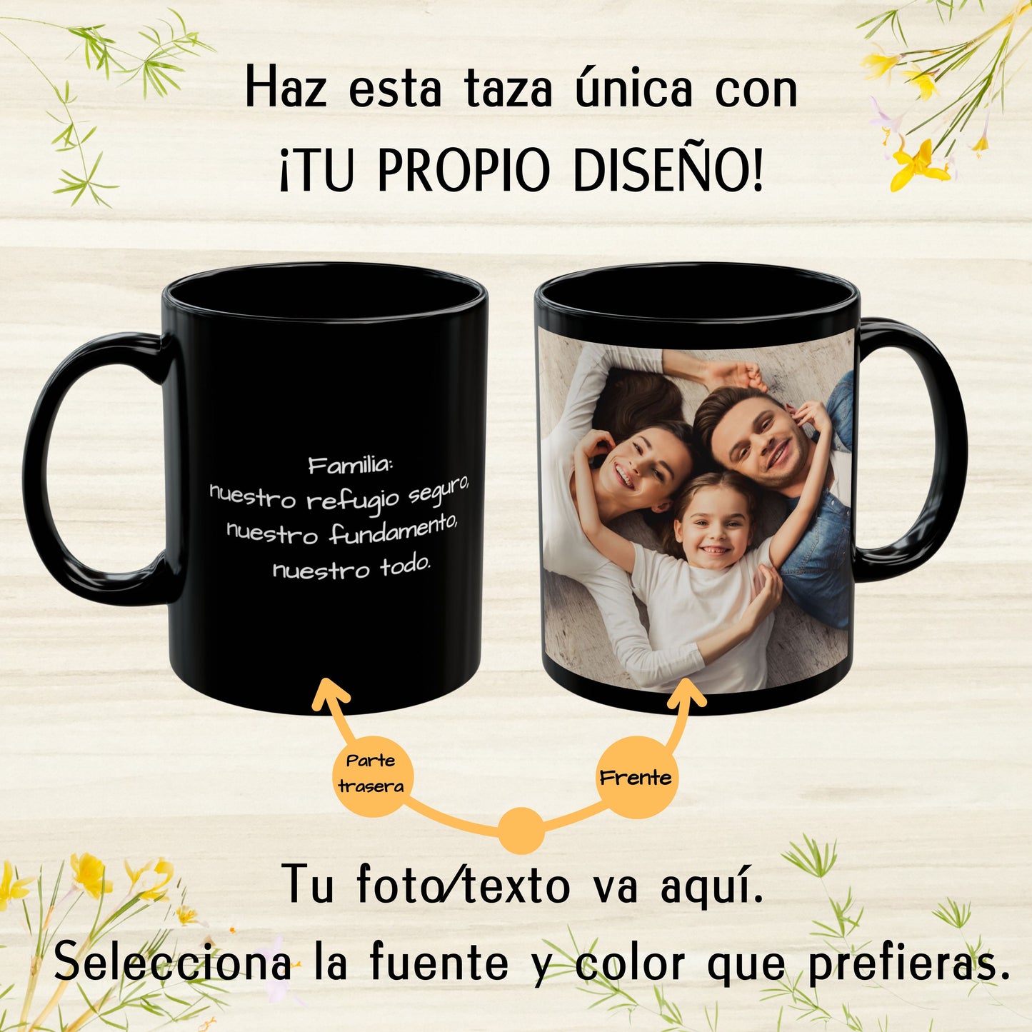 Tasse personnalisée, 325 ml Entièrement noire Motif carré Céramique Tasse à café, Cadeau personnalisé avec photo, texte ou logo