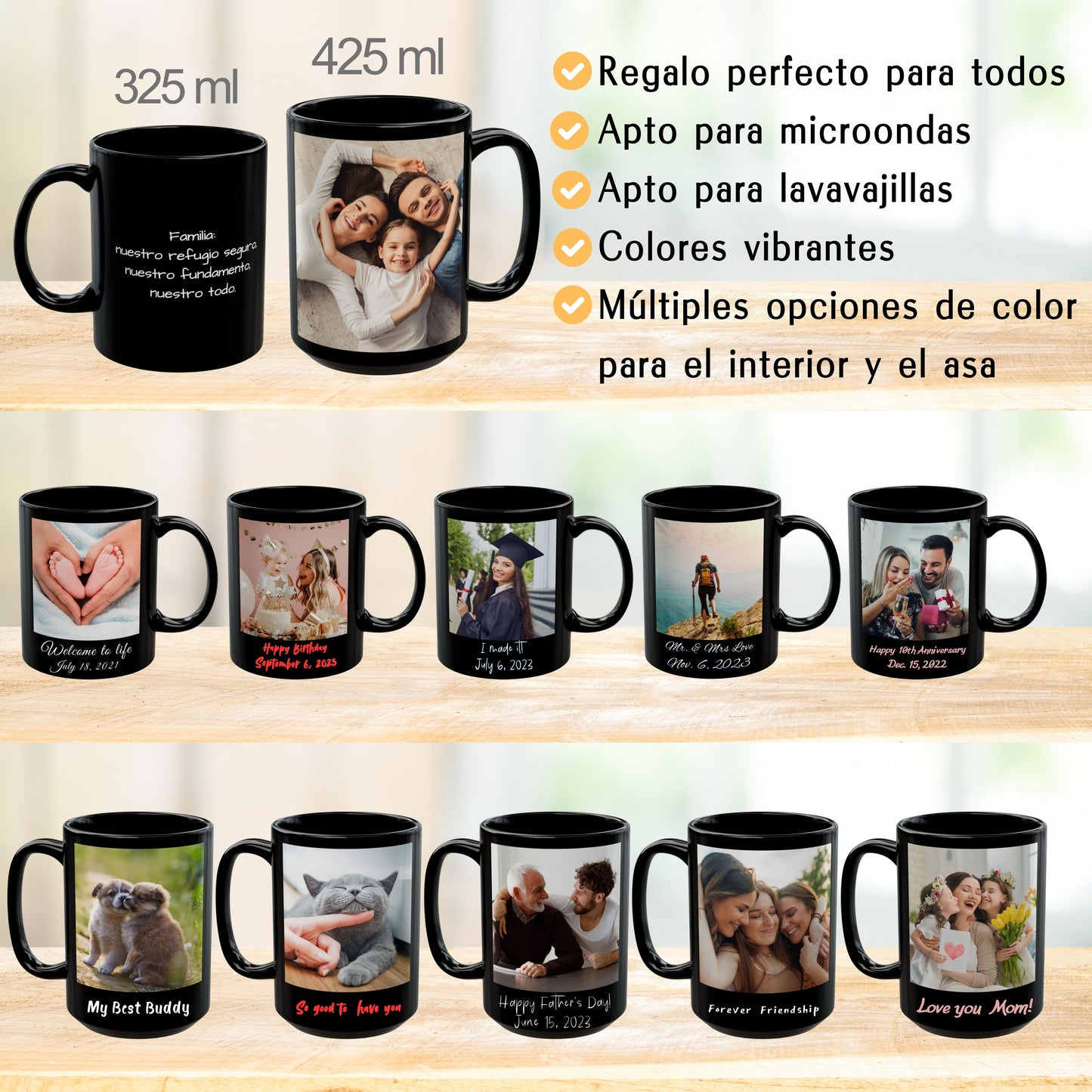 Tasse personnalisée, 325 ml Entièrement noire Motif carré Céramique Tasse à café, Cadeau personnalisé avec photo, texte ou logo