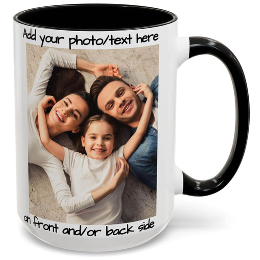 Custom Mug, 15oz White/Black Square Design Ceramic Coffee Mug, Personalized Gift with Photo, Text or Logo