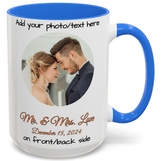 Custom Mug, 15oz White/Cambridge Blue Circle Design Ceramic Coffee Mug, Personalized Gift with Photo, Text or Logo