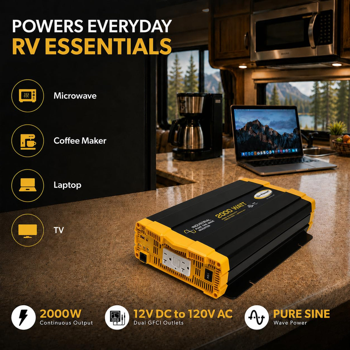 Go Power GP-ISW2000-12 Pure Sine Wave Inverter, 2000W Continuous 4000W Surge, 12V to 120V Power Converter, Slim Design, Two 20A GFCI Outlets, Industrial Use, 2-Year Coverage