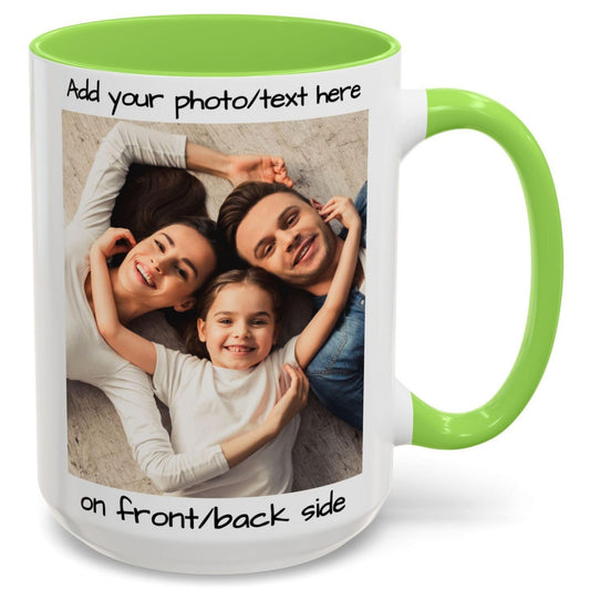 Custom Mug White/Light Green 15oz, Personalized Gift with Photo, Text or Logo, Square Design