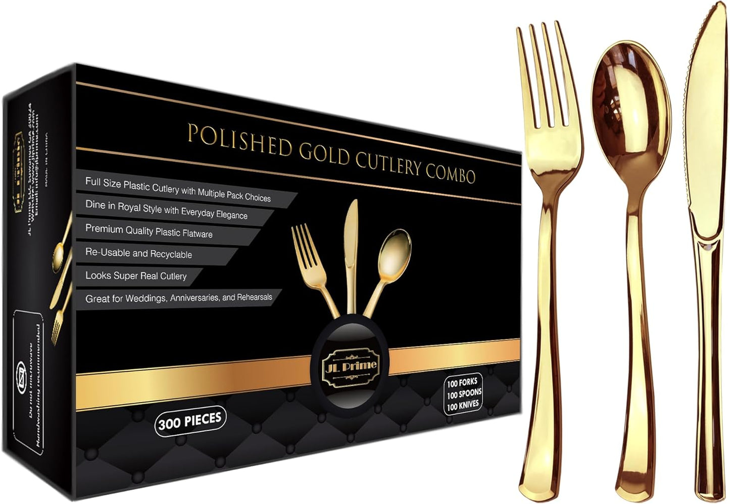 JL Prime 300 Goldfarbenes Kunststoff-Besteckset, Goldfarbenes Kunststoff-Besteckset, Robustes Besteck für Partys und Hochzeiten, Einweg-Goldbesteck, 100 Kunststoffgabeln, 100 Kunststofflöffel, 100 Kunststoffmesser 