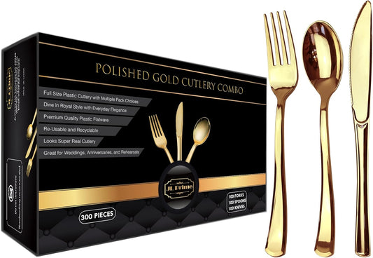 JL Prime 300 Gold Plastic Silverware Set, Gold Plastic Cutlery Set, Heavy Duty Utensils for Party & Wedding, Disposable Gold Flatware, 100 Plastic Forks, 100 Plastic Spoons, 100 Plastic Knives