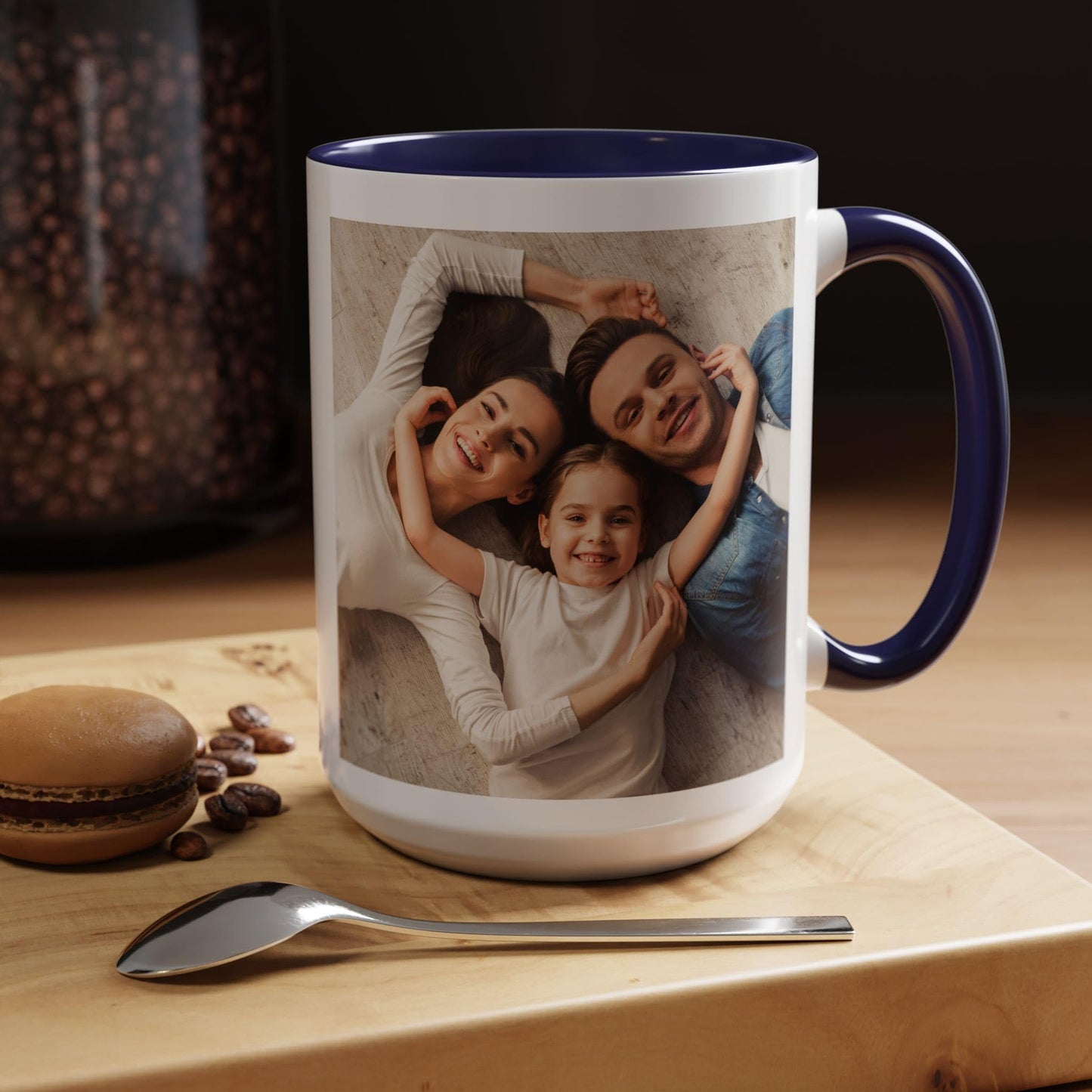 Mug personnalisé, mug en céramique blanc/bleu marine de 44 cl avec motif carré, cadeau personnalisé avec photo, texte ou logo