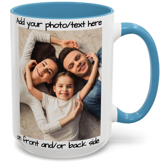 Custom Mug White/Light Blue 15oz, Personalized Gift with Photo, Text or Logo, Square Design
