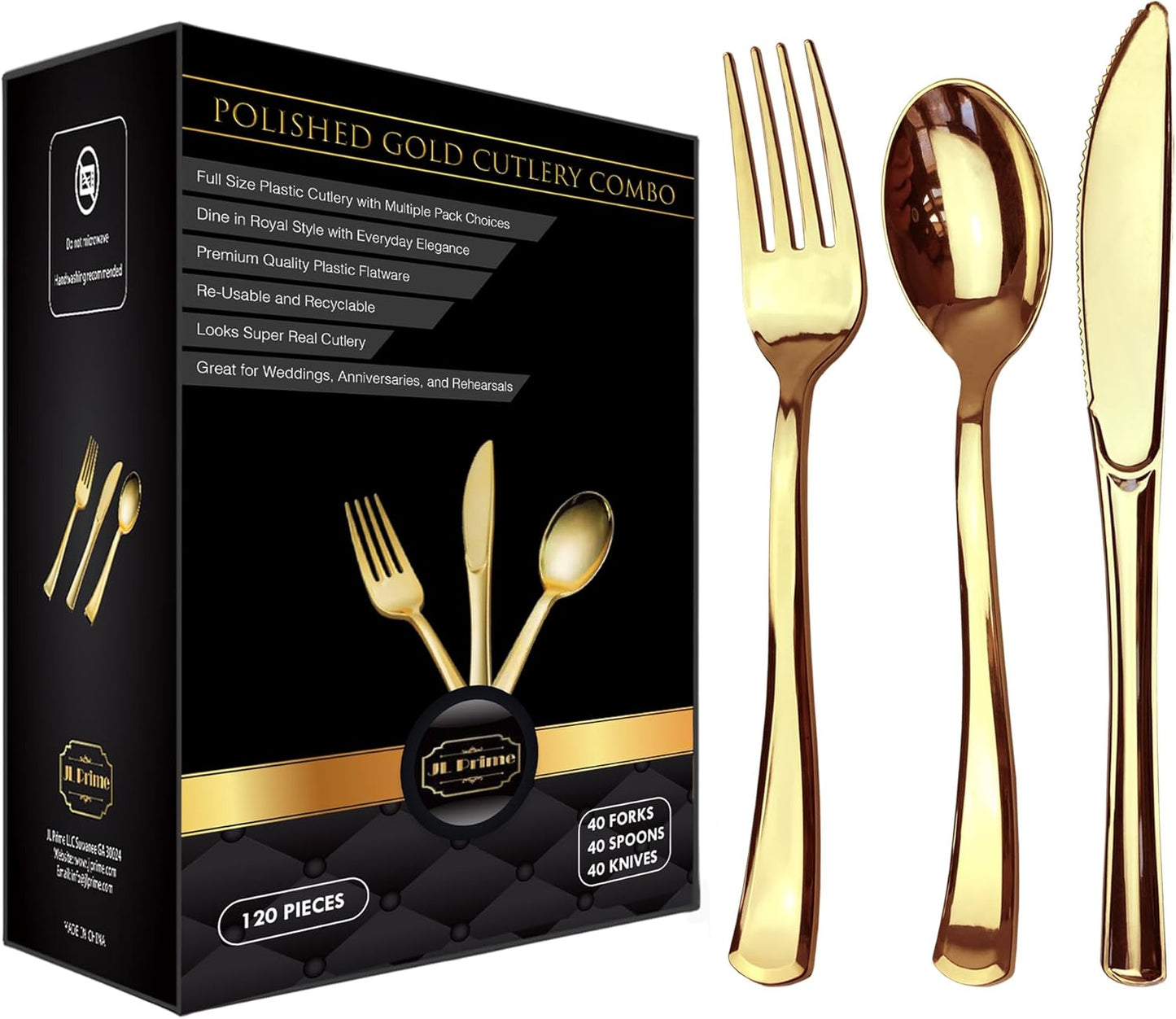 JL Prime 120 Goldfarbenes Kunststoff-Besteckset, Goldfarbenes Kunststoff-Besteckset, Robustes Besteck für Partys und Hochzeiten, Einweg-Goldbesteck, 40 Kunststoffgabeln, 40 Kunststofflöffel, 40 Kunststoffmesser 