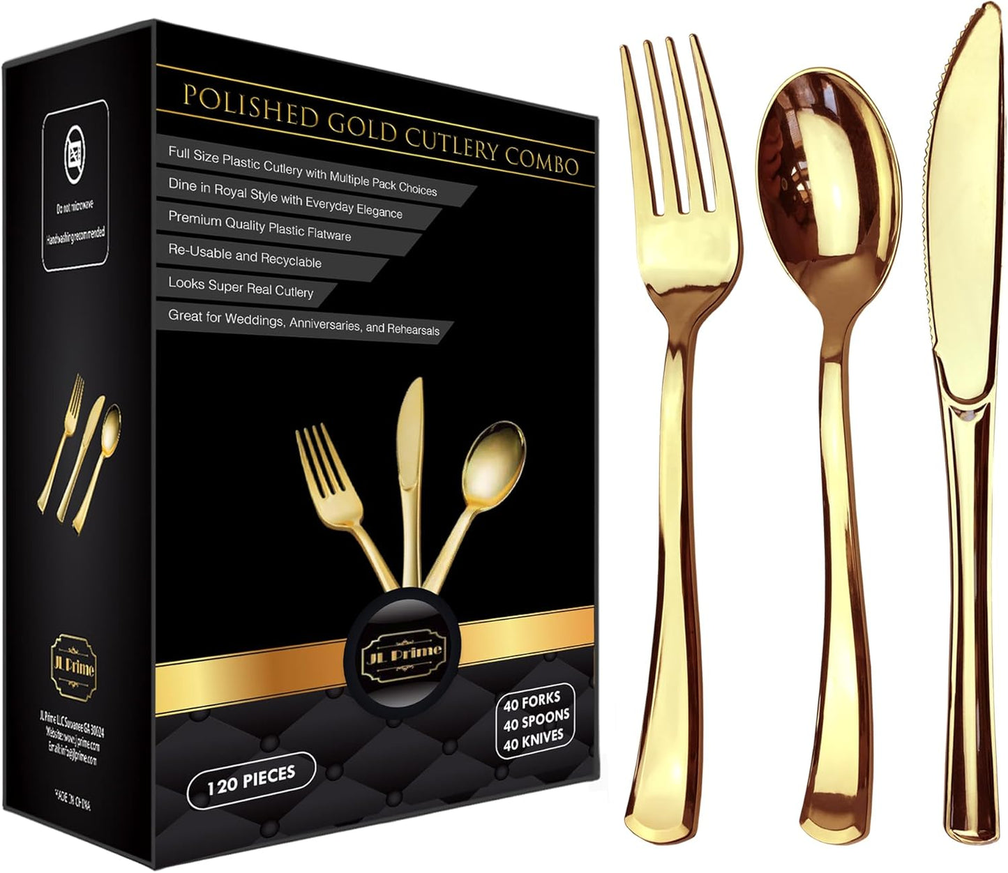 JL Prime 120 Gold Plastic Silverware Set, Gold Plastic Cutlery Set, Heavy Duty Utensils for Party and Wedding, Disposable Gold Flatware, 40 Plastic Forks, 40 Plastic Spoons, 40 Plastic Knives