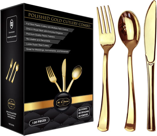 JL Prime 120 Gold Plastic Silverware Set, Gold Plastic Cutlery Set, Heavy Duty Utensils for Party and Wedding, Disposable Gold Flatware, 40 Plastic Forks, 40 Plastic Spoons, 40 Plastic Knives