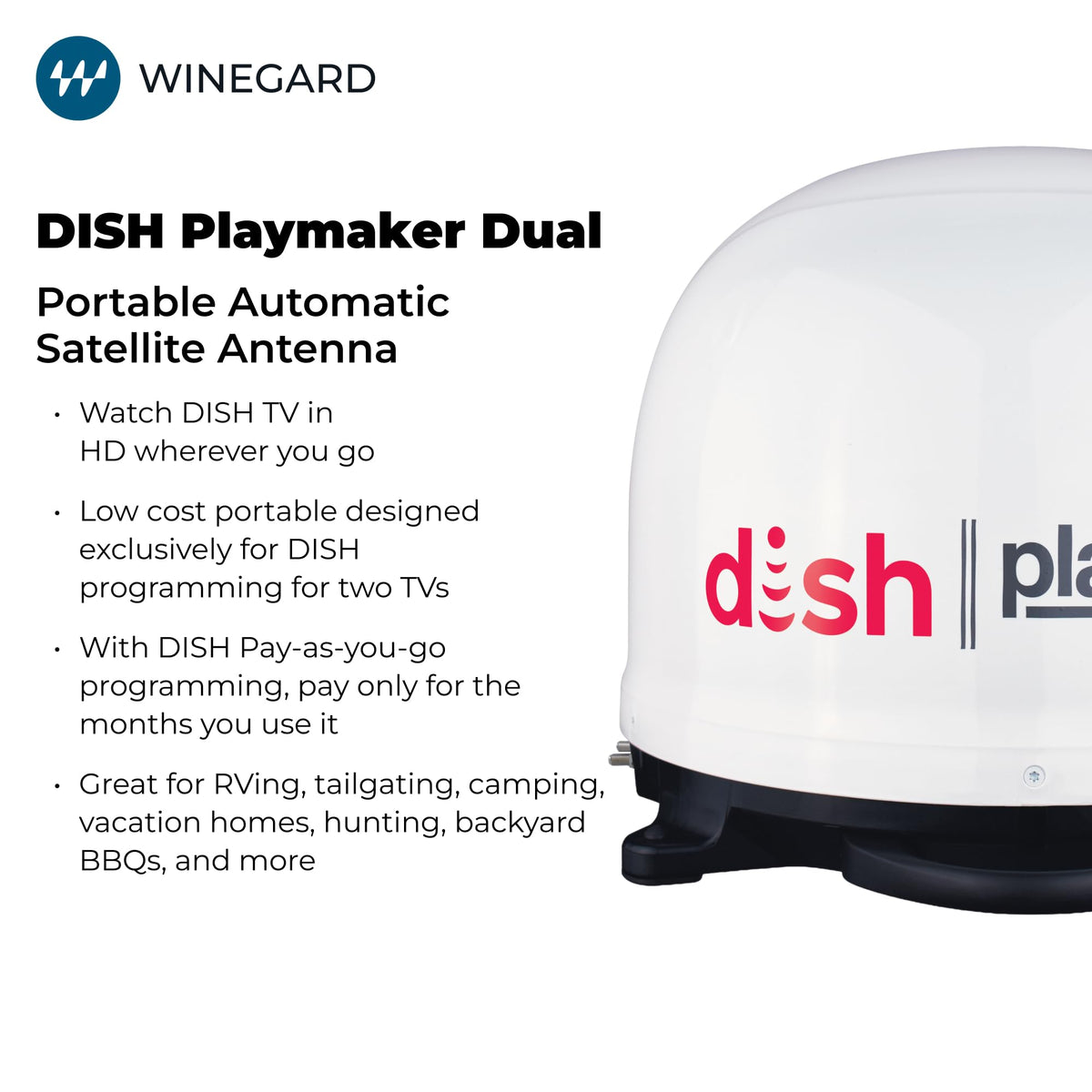 Winegard PL-8000 Dish Playmaker Dual - Automatic Satellite Antenna with Dual Receiver Support for PL-70LR - RV, Camping, Tailgating, Outdoor, TV Connectivity - High-Performance Outdoor - White