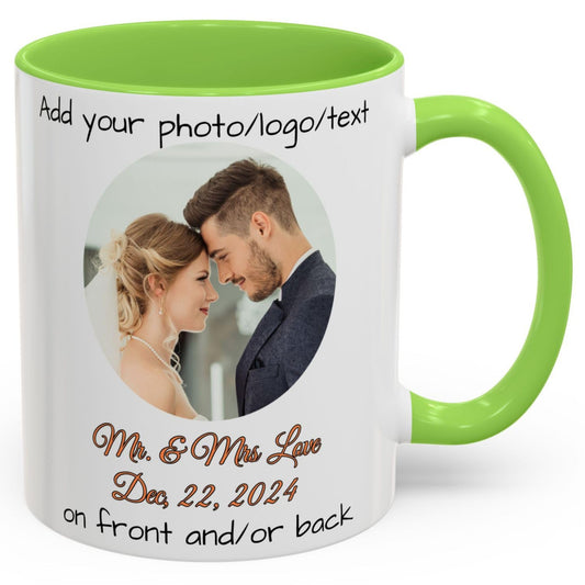 Custom Mug White/Light Green 11oz, Personalized Gift with Photo, Text or Logo, Circle Design