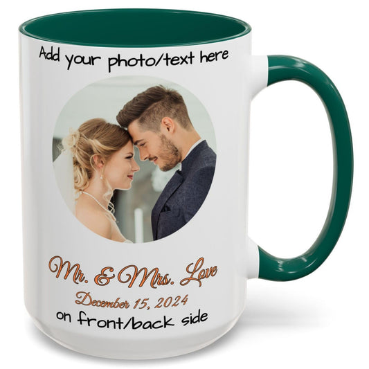 Custom Mug, 15oz White/Green Circle Design Ceramic Coffee Mug, Personalized Gift with Photo, Text or Logo
