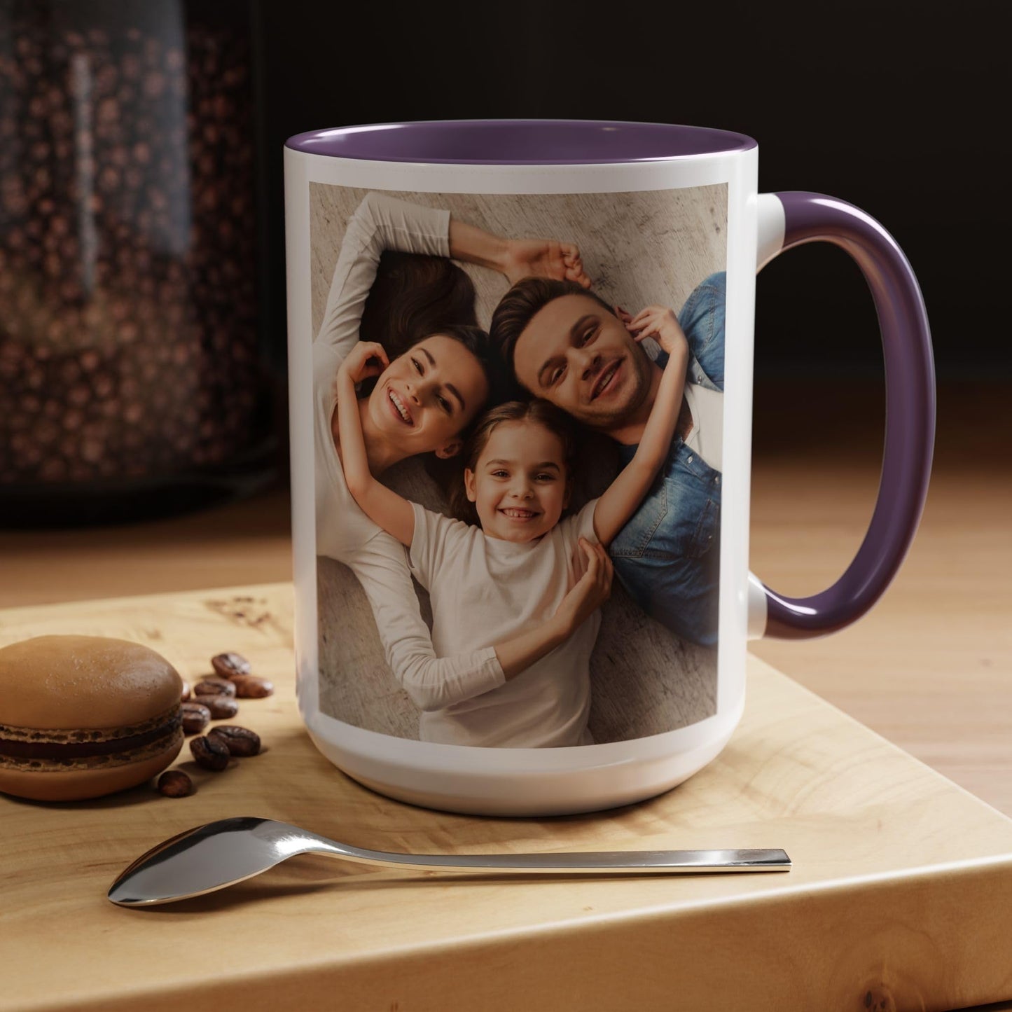 Mug personnalisé, Tasse à café en céramique de 425 ml, carrée blanche/violette, Cadeau personnalisé avec photo, texte ou logo