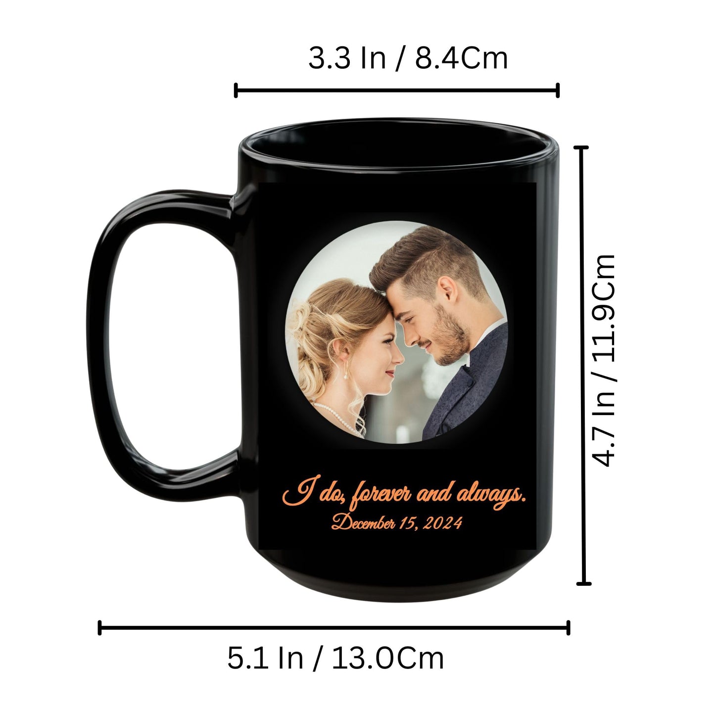 Individuelle Tasse, 425ml, komplett schwarze Keramik-Kaffeetasse mit Kreisdesign, personalisiertes Geschenk mit Foto, Text oder Logo