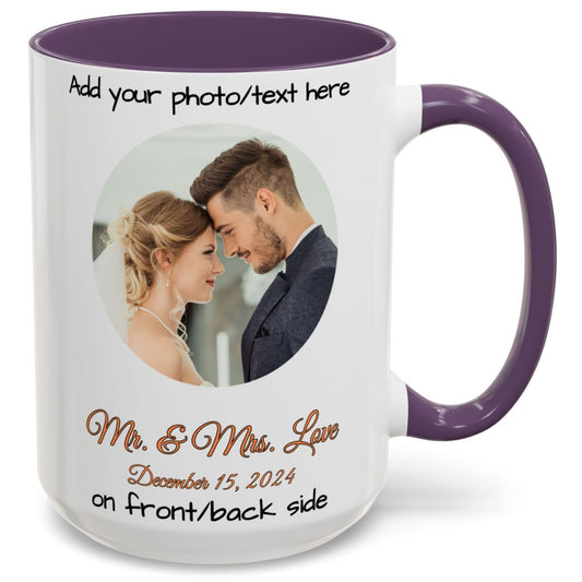 Custom Mug, 15oz White/Purple Circle Design Ceramic Coffee Mug, Personalized Gift with Photo, Text or Logo