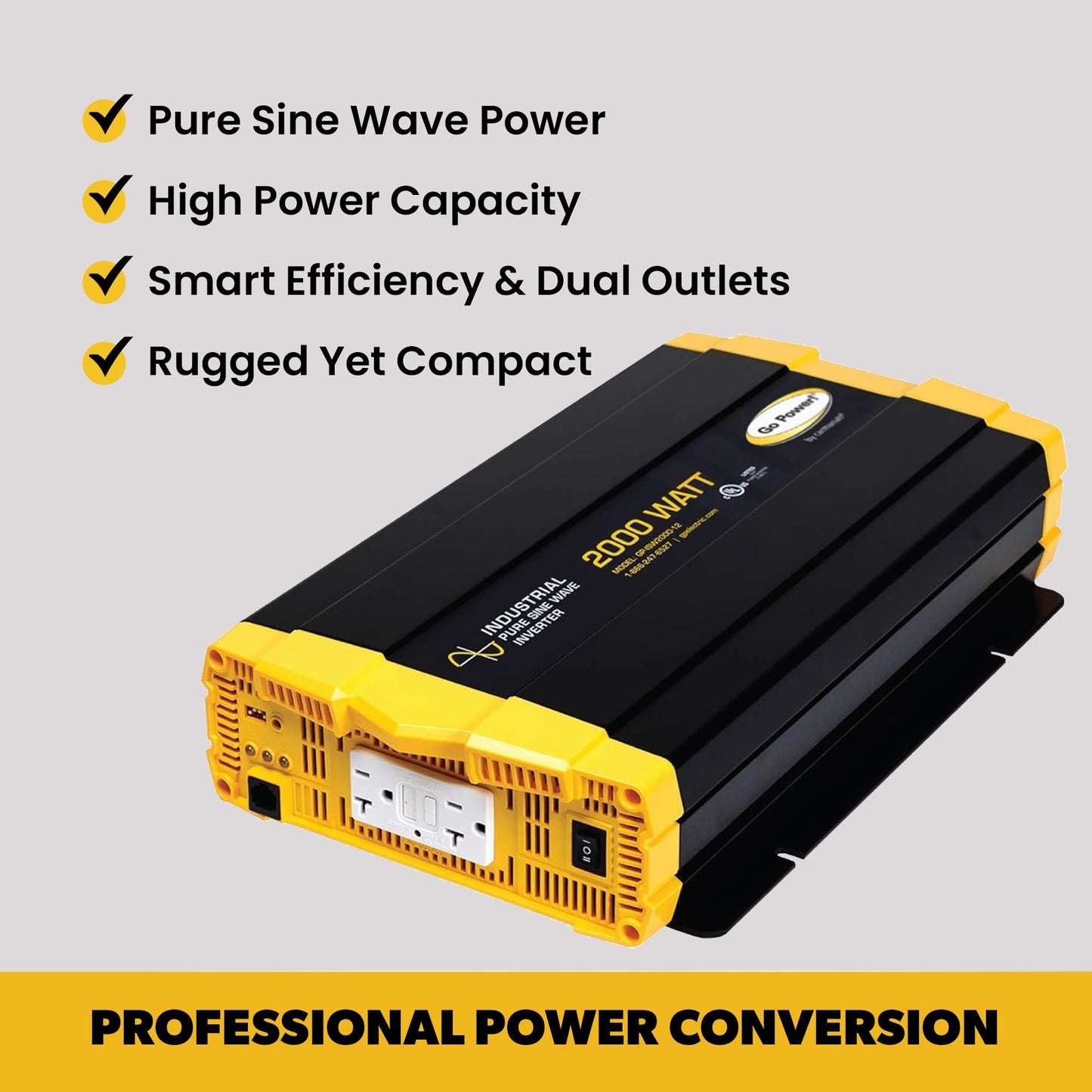 Go Power GP-ISW2000-12 Pure Sine Wave Inverter, 2000W Continuous 4000W Surge, 12V to 120V Power Converter, Slim Design, Two 20A GFCI Outlets, Industrial Use, 2-Year Coverage