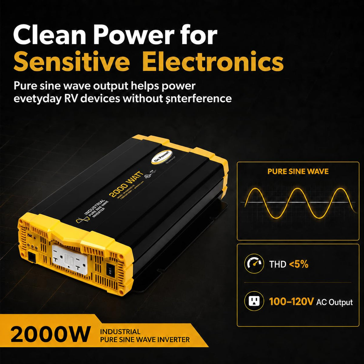 Go Power GP-ISW2000-12 Pure Sine Wave Inverter, 2000W Continuous 4000W Surge, 12V to 120V Power Converter, Slim Design, Two 20A GFCI Outlets, Industrial Use, 2-Year Coverage