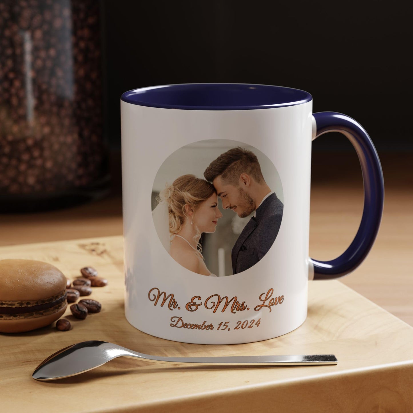 Tasse personnalisée, Tasse à café en céramique blanche/bleu marine de 325 ml, Cadeau personnalisé avec photo, texte ou logo