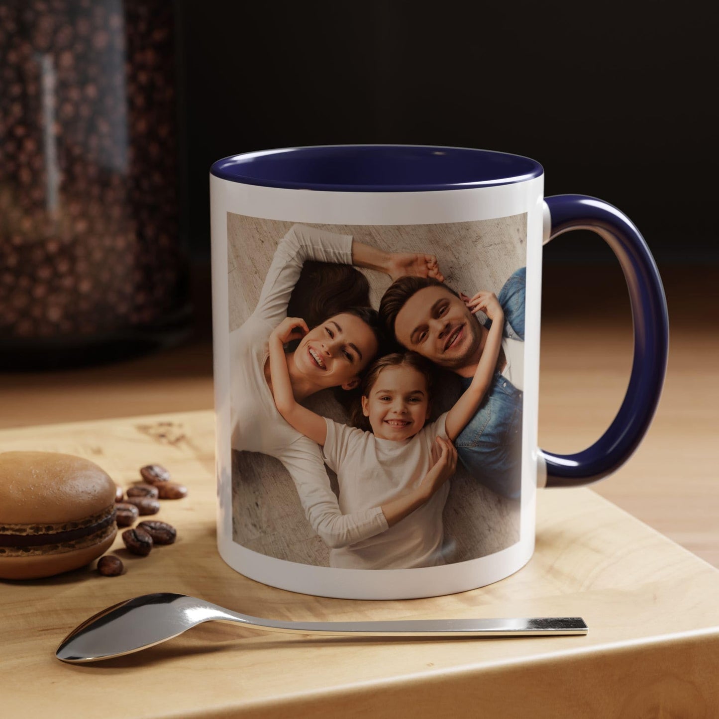 Mug personnalisé blanc/bleu marine 325 ml, cadeau personnalisé avec photo, texte ou logo, format carré