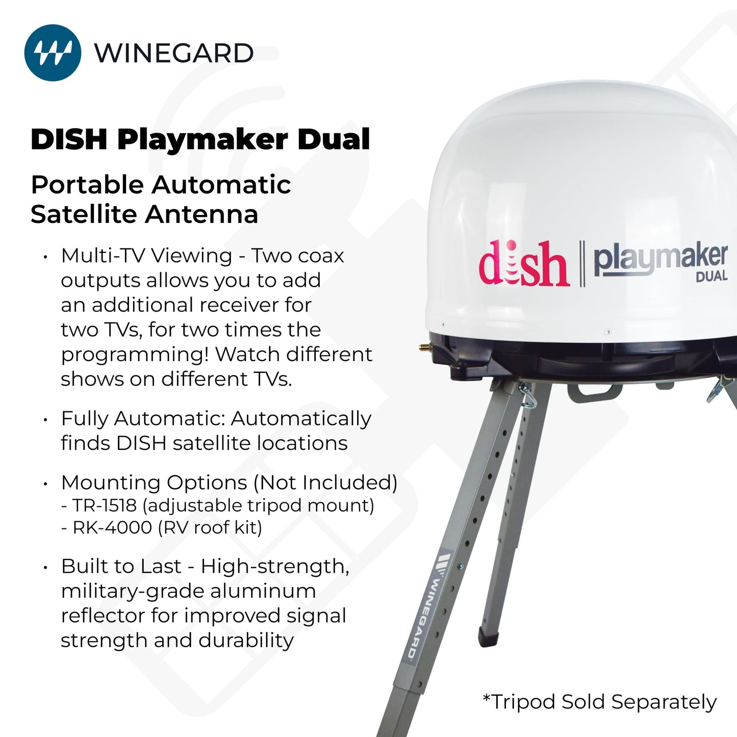 Winegard PL-8000 Dish Playmaker Dual - Automatic Satellite Antenna with Dual Receiver Support for PL-70LR - RV, Camping, Tailgating, Outdoor, TV Connectivity - High-Performance Outdoor - White