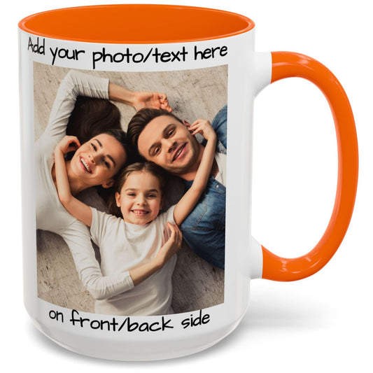Custom Mug, 15oz White/Orange Square Design Ceramic Coffee Mug, Personalized Gift with Photo, Text or Logo