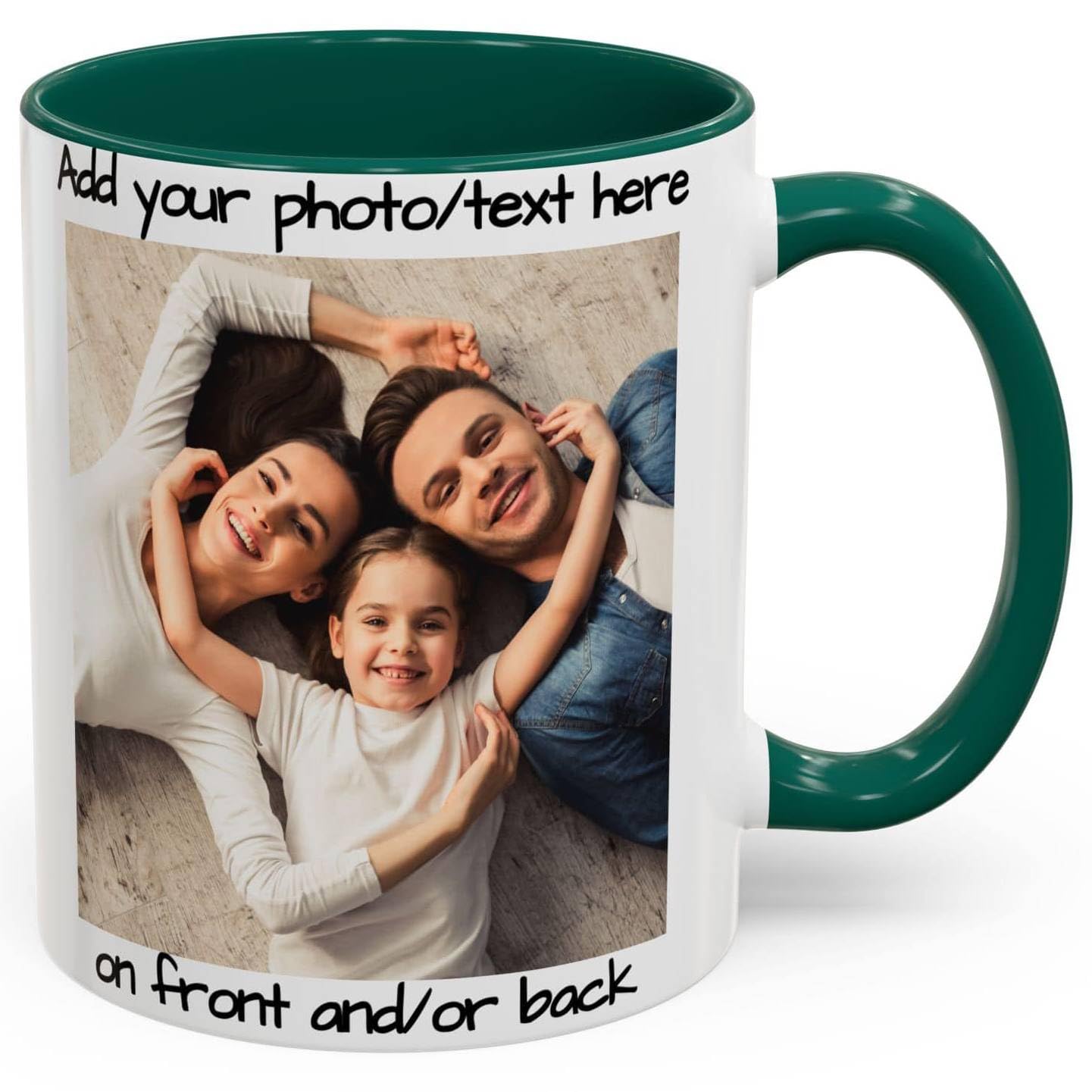 Custom Mug White/Green 11oz, Personalized Gift with Photo, Text or Logo, Square Design