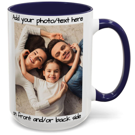 Custom Mug White/Navy 15oz, Personalized Gift with Photo, Text or Logo, Square Design