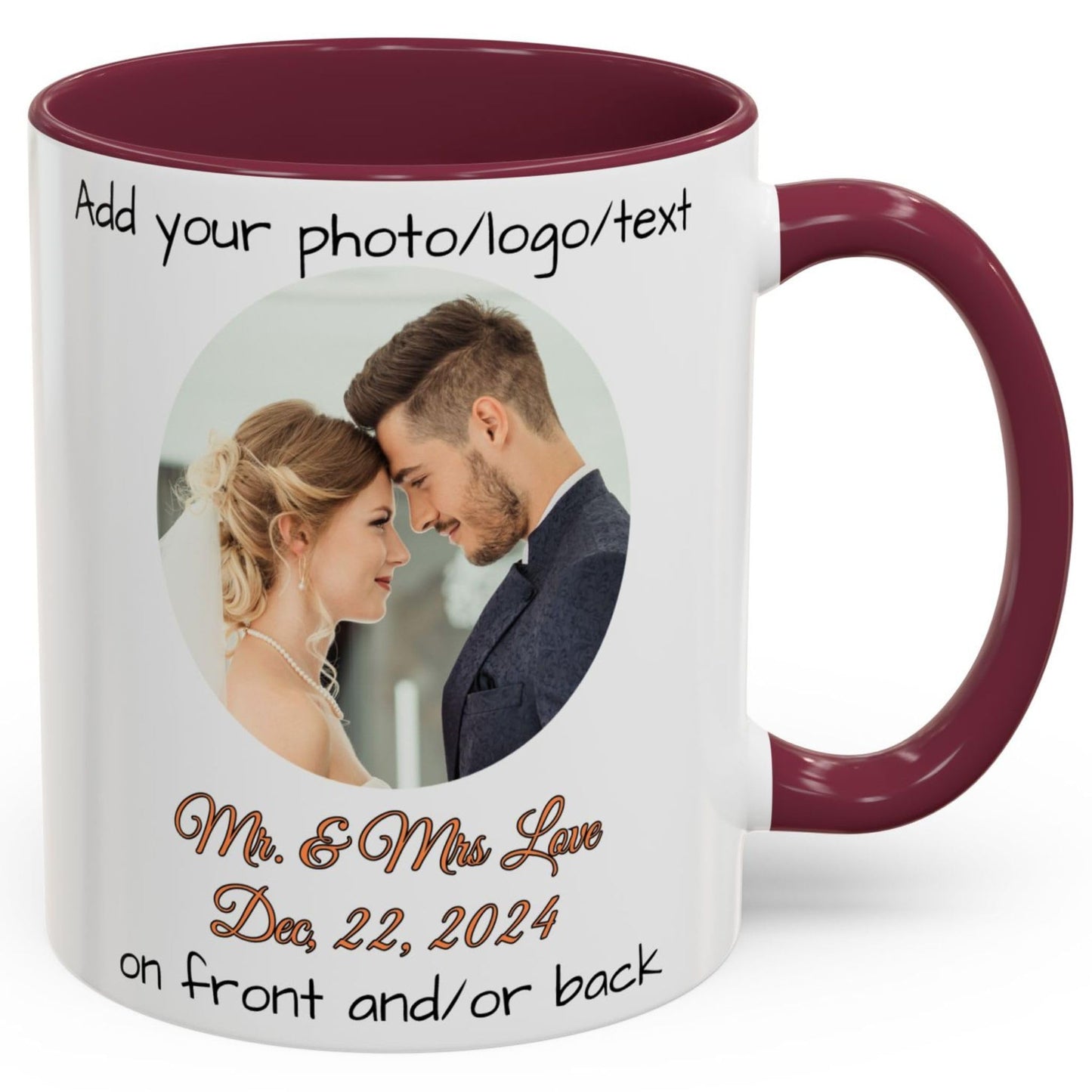 Tasse personnalisée, 325 ml, en céramique, blanche/bordeaux avec motif cercle, cadeau personnalisé avec photo, texte ou logo
