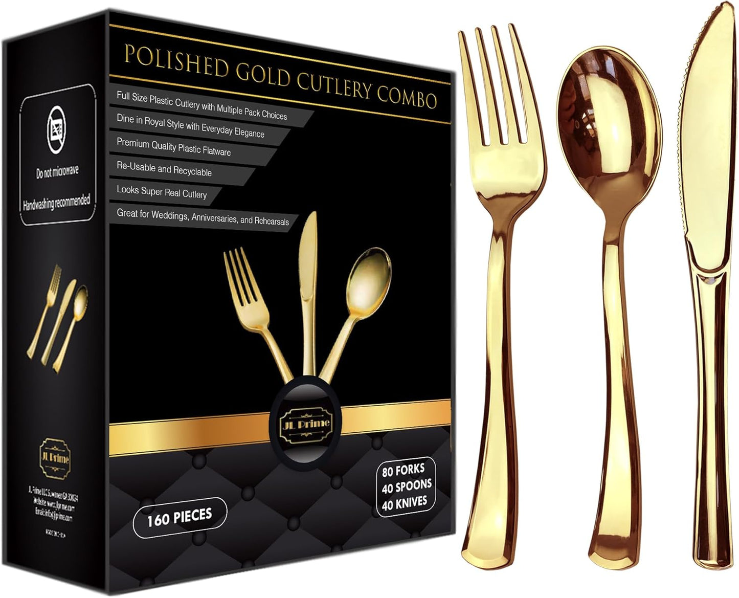 JL Prime 160 Goldfarbenes Kunststoff-Besteckset, Goldfarbenes Kunststoff-Besteckset, Robustes Besteck für Partys und Hochzeiten, Einweg-Goldbesteck, 80 Kunststoffgabeln, 40 Kunststofflöffel und 40 Kunststoffmesser