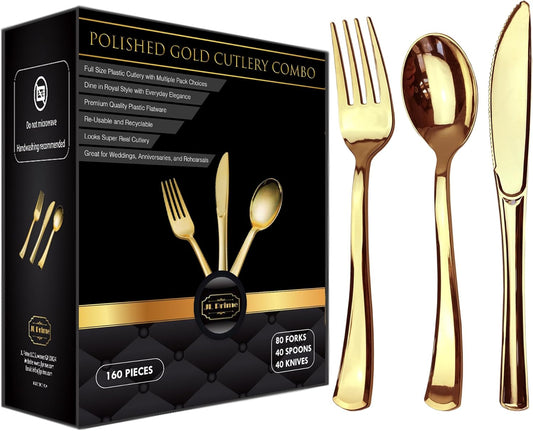 JL Prime 160 Gold Plastic Silverware Set, Gold Plastic Cutlery Set, Heavy Duty Utensils for Party & Wedding, Disposable Gold Flatware, 80 Plastic Forks, 40 Plastic Spoons & 40 Plastic Knives